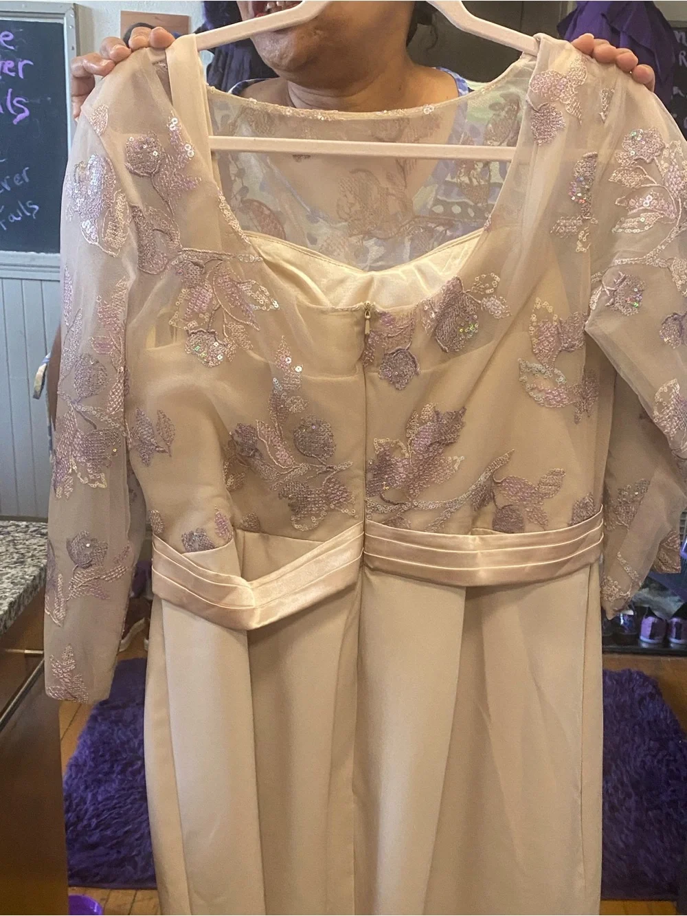Champagne Satin Dress & Cape Set with Embroidered Bodice